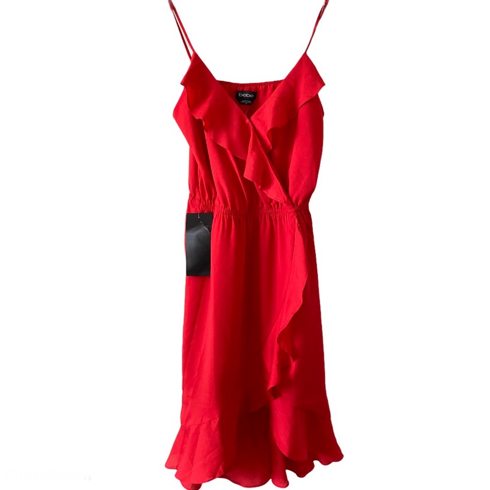 BEBE RED SURPLICE RUFFLE HI LOW DRESS